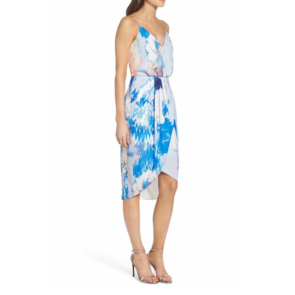 Chelsea28 Blue Orange Abstract Brushstroke Tulip Midi Dress Womens Size 4 V-Neck - Picture 2 of 9